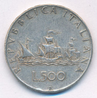 Olaszország 1958R 500L Ag 'Kolumbusz hajói' T:2- patina Italy 1958R 500 Lire Ag 'Columbus' Ships' C:VF patina Krause KM#98