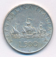 Olaszország 1959R 500L Ag 'Kolumbusz hajói' T:2 patina Italy 1959R 500 Lire Ag 'Columbus' Ships' C:XF patina Krause KM#98