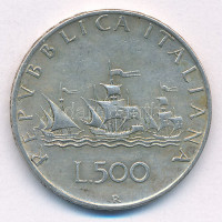 Olaszország 1960R 500L Ag 'Kolumbusz hajói' T:2,2- patina Italy 1960R 500 Lire Ag 'Columbus' Ships' C:XF,VF patinaKrause KM#98