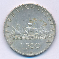 Olaszország 1964R 500L Ag 'Kolumbusz hajói' T:XFItaly 1964R 500 Lire Ag 'Columbus' Ships' C:XF Krause KM#98