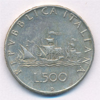 Olaszország 1966R 500L Ag 'Kolumbusz hajói' T:2,2- patinaItaly 1966R 500 Lire Ag 'Columbus' Ships' C:XF,VF patinaKrause KM#98
