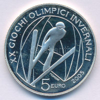 Olaszország 2005. 5E Ag 'Téli Olimpia 2006 - Síugrás' kapszulában T:PP ujjlenyomat, patinaItaly 2005. 5 Euro Ag '2006 Winter Olympics - Ski Jumping' in capsule C:PP fingerprints, patinaKrause KM#256