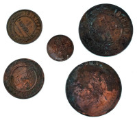 Orosz Birodalom 1875. 5k Cu + 1878. 5k Cu + 1912. 2k Cu + 1913. 1/2k Cu + 1915. 1k Cu T:VF-VGRussian Empire 1875. 5 Kopecks Cu + 1878. 5 Kopecks Cu + 1912. 2 Kopecks Cu + 1913. 1/2 Kopeck Cu + 1915. 1 Kopeck Cu C:VF-VG