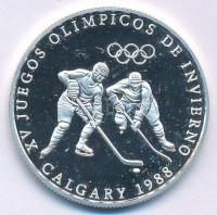 Panama 1988. 1B Ag 'Téli Olimpia 1988 Calgary - Jégkorong játékosok' forgalomba nem került fantázia emlékérme T:PP kis karc, foltPanama 1988. 1 Balboa Ag 'Winter Olympics 1988 Calgary - Ice Hockey players' non-circulating commemorative
