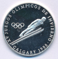 Panama 1988. 1B Ag 'Téli Olimpia 1988 Calgary - Síugró' forgalomba nem került fantázia emlékérme T:PP kis karcPanama 1988. 1 Balboa Ag 'Winter Olympics 1988 Calgary - Ski jumper' non-circulating commemorative fantasy coin C:PP small