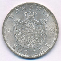 Románia 1944. 500L Ag 'I. Mihály' T:XF patinaRomania 1944. 500 Lei Ag 'Mihai I' C:XF patinaKrause KM#65