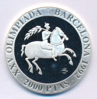 Spanyolország 1991. 2000P Ag 'Nyári Olimpia 1992 Barcelona - Lovaglás' T:PP karc, kis foltSpain 1991. 2000 Pesetas Ag '1992 Summer Olympics, Barcelona - Equestrianism' C:PP scratch, small spotKrause KM#889