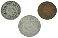 Svájc 1876. 1Fr Ag + 1884. 20r Cu-Ni + 1919. 2r bronz T:XF-FSwitzerland 1876. 1 Franc Ag + 1884. 20 Rappen Cu-Ni + 1919. 2 Rappen bronz C:XF-F