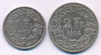 Svájc 1914. 1Fr Ag + 2Fr Ag T:XF-F patinaSwitzerland 1914. 1 Franc Ag + 2 Francs Ag C:XF-F patinaKrause Y#31, Y#32