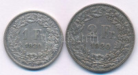 Svájc 1920. 1Fr Ag + 2Fr Ag T:XF,VFSwitzerland 1920. 1 Franc Ag + 2 Francs Ag C:XF,VFKrause Y#31, Y#32