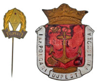 ~1930. 'I. számú Polgári Fiúiskola Újpest' zománcozott bronz iskolajelvény (47x36mm) + DN 'D (Dózsa) Újpest' aranyozott, műgyantás fém kitűző (19x16mm) T:XF,VF az iskolajelvényen zománchiba, letört tű, a hátoldalára textilt