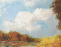 Gádor Emil (1911-1998): Vízparti táj. Olaj, farost, jelezve jobbra lent. Dekoratív fakeretben, 60×80 cm