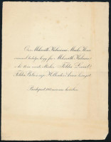 1913 Bp., ifj. Mikszáth Kálmán (1885-1950) jogász, politikus, Miskolc főispánja, Mikszáth Kálmán író fiának esküvői értesítője, 23x17,5 cm