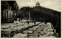 1933 Budapest XII. Zugliget, Jánoshegyi vendéglő az Erzsébet kilátóval, pincérek a teraszon. Erber János kiadása (EK)