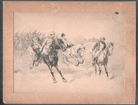 Meissl Ágost (August [Ritter] von Meissl) (1867-1926): Huszárokat ábrázoló karikatúra (cím nélkül), 1897. Tus, papír, jelzett. Paszpartuban, a lap sérült, foltos. Gábor Ignácz gyűjteménye