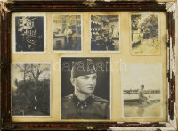 cca 1930-40 Fiatal főhadnagy portréja egyenruhában és róla készült fotók civilben, többek közt egy szatócsboltban, össz. 7 db fotó egy üvegezett, korabeli, sérült fakeretben, 6x4,5 és10x8 cm közti méretekben