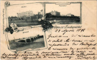 1898 (Vorläufer!!) Érsekújvár, Nové Zamky, kórház, vasútállomás, Nyitra híd. Mayer fényképész kiadása / hospital, railway station, bridge. Art Nouveau, floral (lyukak / pinholes)