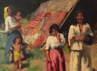 Csóka István (1897-1989): Táborozók. Olaj, rétegelt falemez, jelezve balra lent. Kisebb felületi sérülésekkel (repedésekkel a hordozón). Vetemedett. 40×50,5 cm