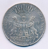 1972. Hátlapon és peremen jelzett utánverete a Német Államok / Hamburg 1764OHK 32Sch (3M) Ag Ferenc (20,91g/0.925/41mm) T:AU,XF1972. Restrike of the German States / Hamburg 1764OHK 32 Schilling (3 Mark) Ag Franz II marked on the reverse