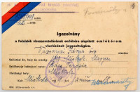 1939. Névre szóló, kitöltött viselői igazolvány a Felvidéki Emlékéremhez, a 