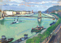 Körmendi-Frim Ervin (1885 - 1939): Budapesti látkép dunai fürdőházzal (fauszodával) háttérben a régi Erzsébet híddal, 1930 körül