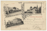 HOMONNA 1907 Régi képeslap, Felső kereskedelmi iskola, Gróf Andrássy kastély, tél, gyógyszertár