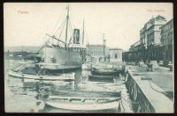FIUME 1910. Régi képeslap, kivándorló hajó, Divald